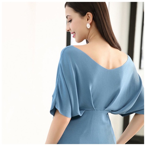 Teal Blue V Knit Draping Sweater C50 - Picture 3 of 6